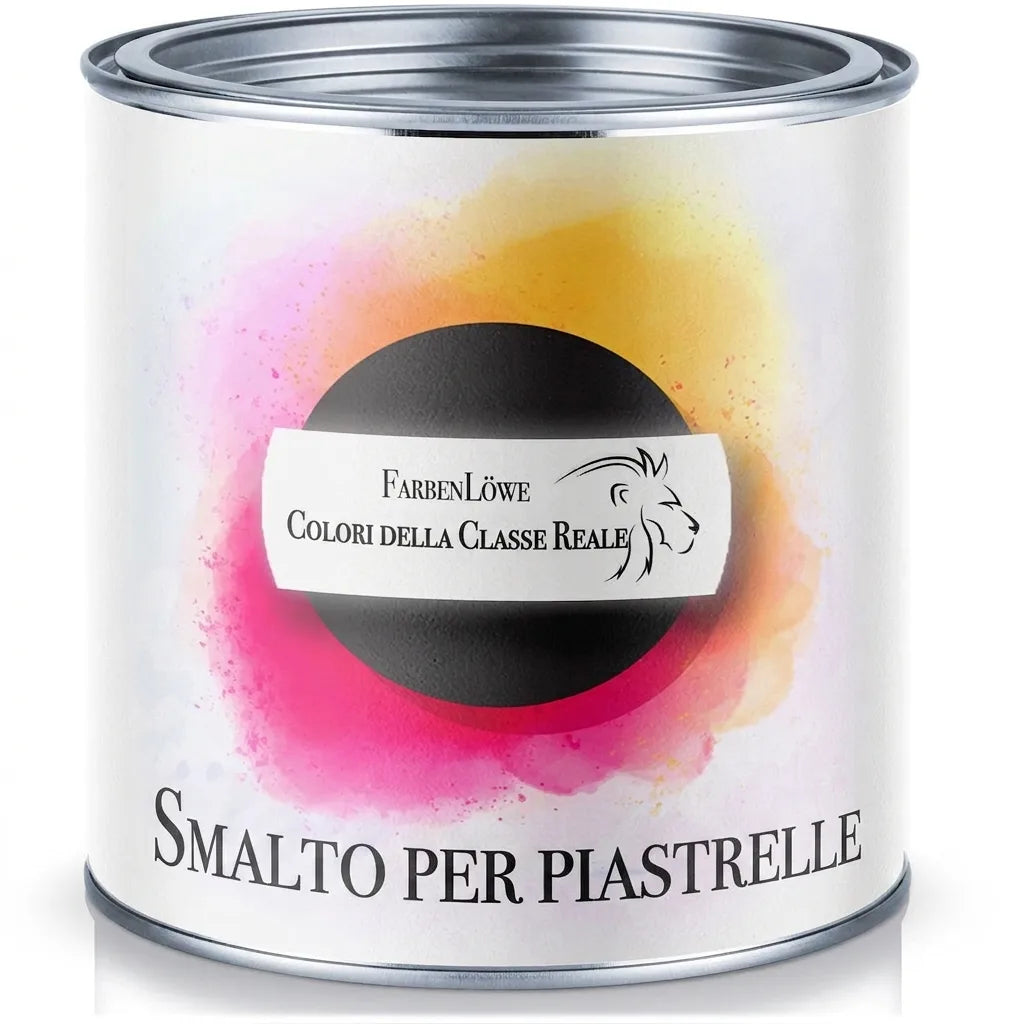 Barattolo di smalto per piastrelle FarbenLöwe su sfondo vivace.