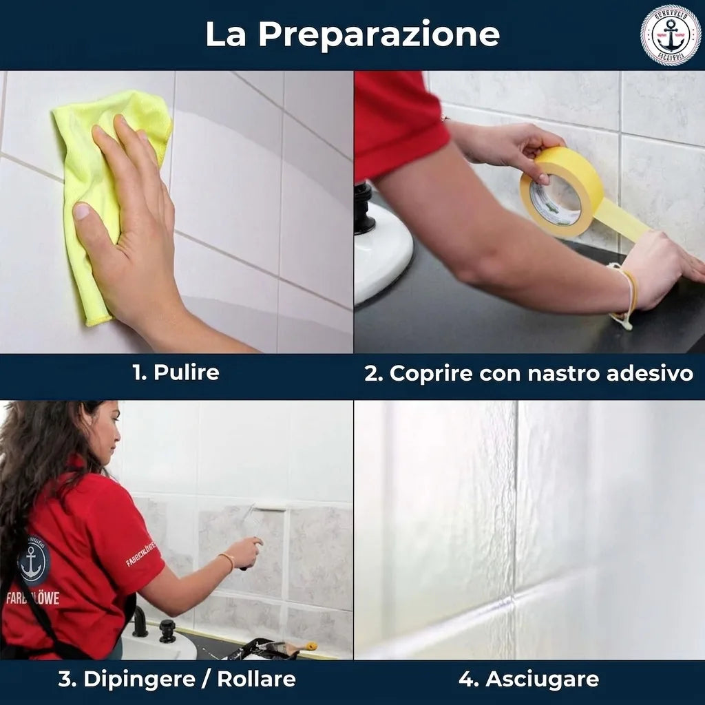 Guida alla preparazione e verniciatura delle piastrelle in 4 passaggi: pulizia, mascheratura, pittura, asciugatura.