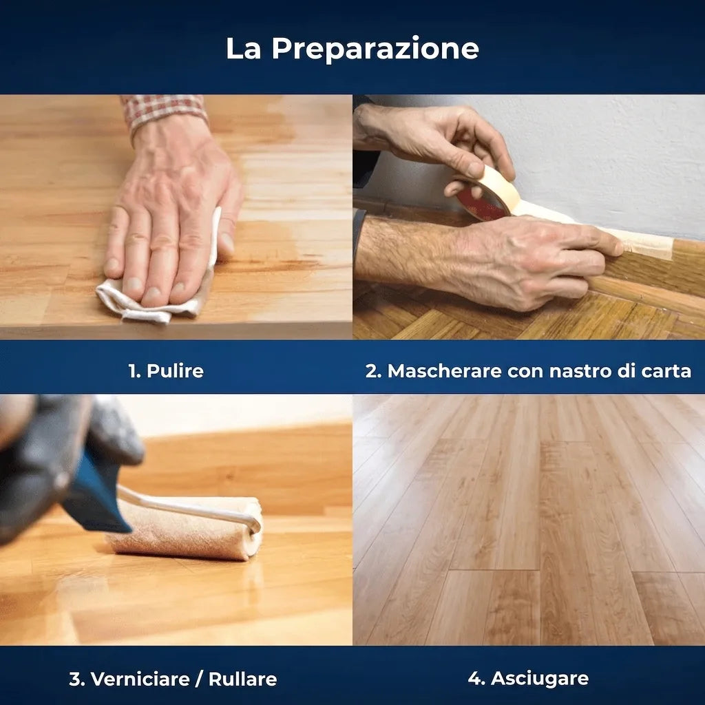 4 fasi di preparazione pavimento in legno: pulizia, mascheratura, verniciatura/rullatura e asciugatura.