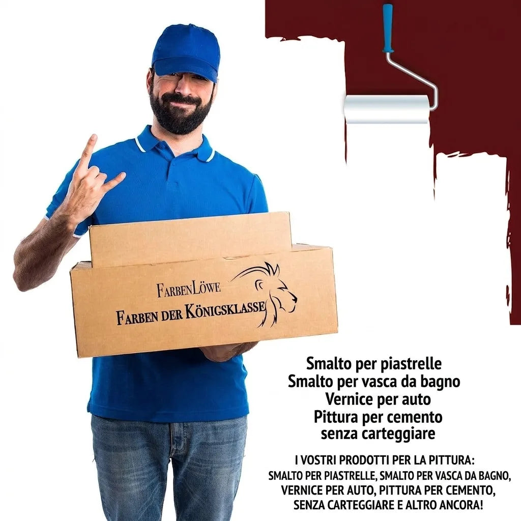 Addetto consegne con scatole pittura FarbenLöwe "Colori della Classe Reale" e rullo pittura.