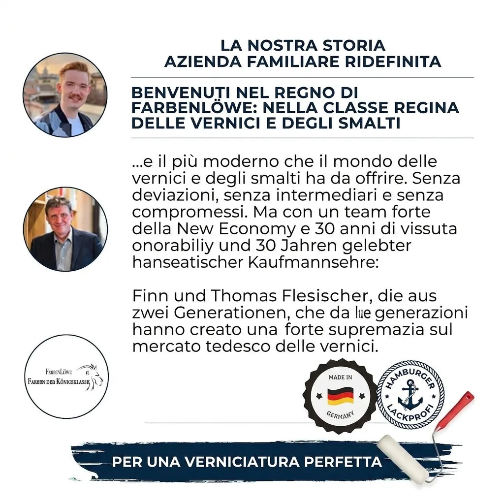 Immagine marketing di Farbenlöwe, azienda familiare tedesca, con ritratti di Finn e Thomas Fleischer e slogan per vernici di alta qualità.