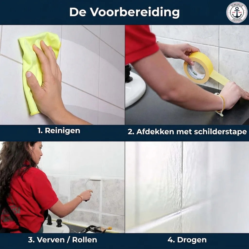 Vierstappen handleiding voor het voorbereiden en schilderen van tegels, inclusief reinigen, afplakken en drogen.