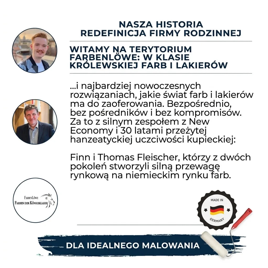 Historia rodzinnej firmy FarbenLöwe, farby i lakiery klasy królewskiej. Finn i Thomas Fleischer, Made in Germany.