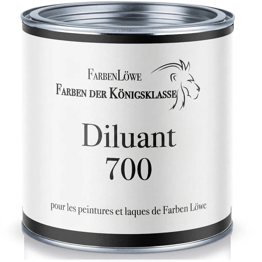Diluant FarbenLöwe 700 pour peintures et vernis de la classe royale, en boîte métallique blanche.
