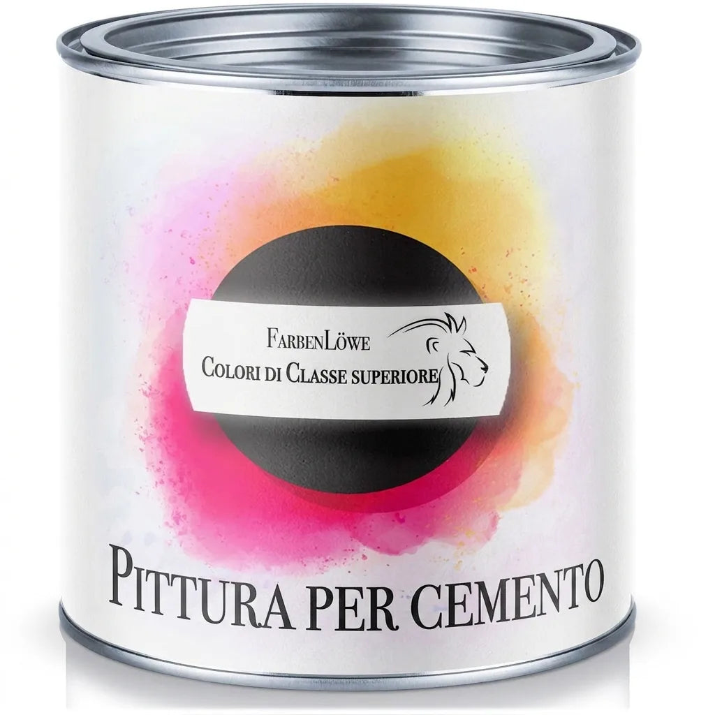 Barattolo di vernice FarbenLöwe BETONFARBE con logo leone e schizzi di colore vivaci, colori di classe reale.