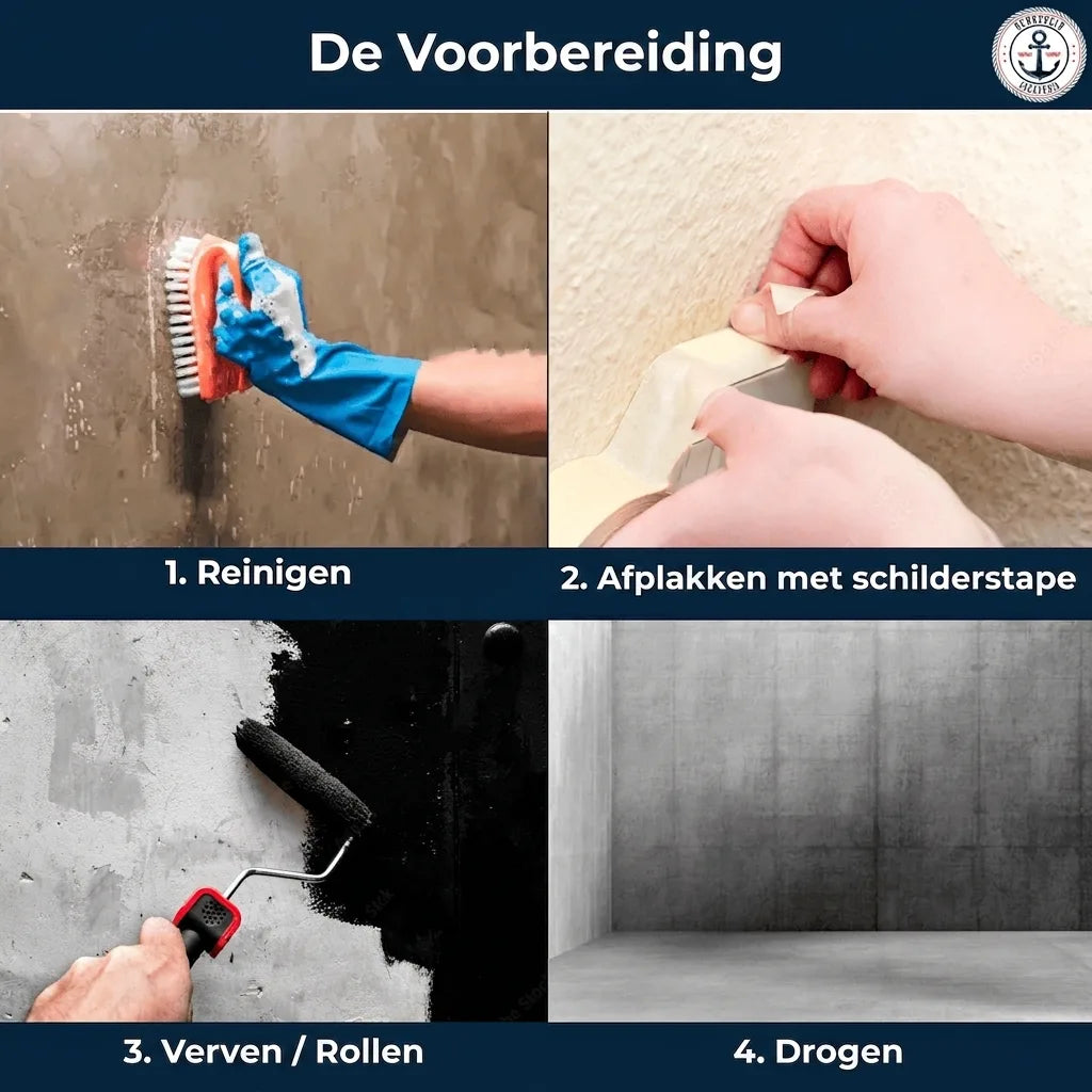 Vier stappen voorbereiding: reinigen, afplakken met schilderstape, schilderen met roller, drogen.