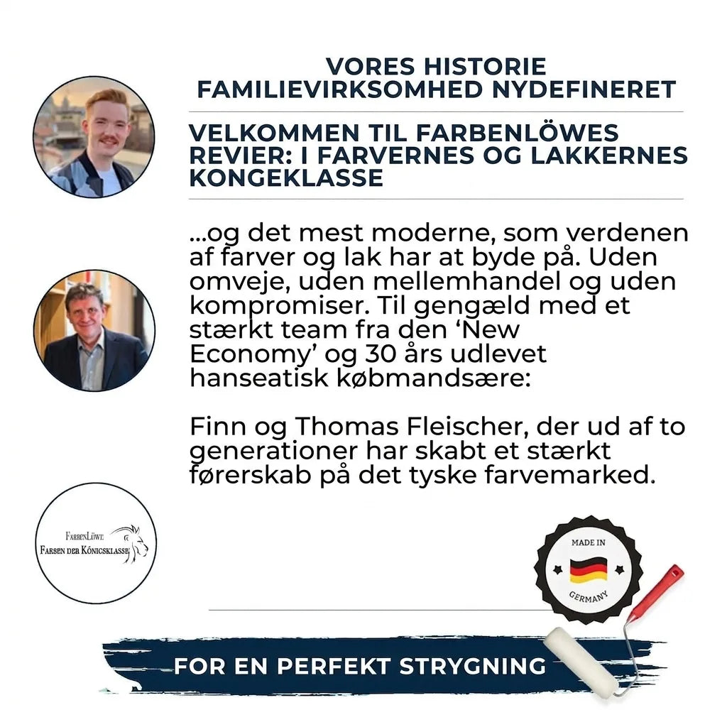 FarbenLöwe firmaprofil med stifterbilleder, logo, 'Made in Germany' & løfte om perfekt maling.