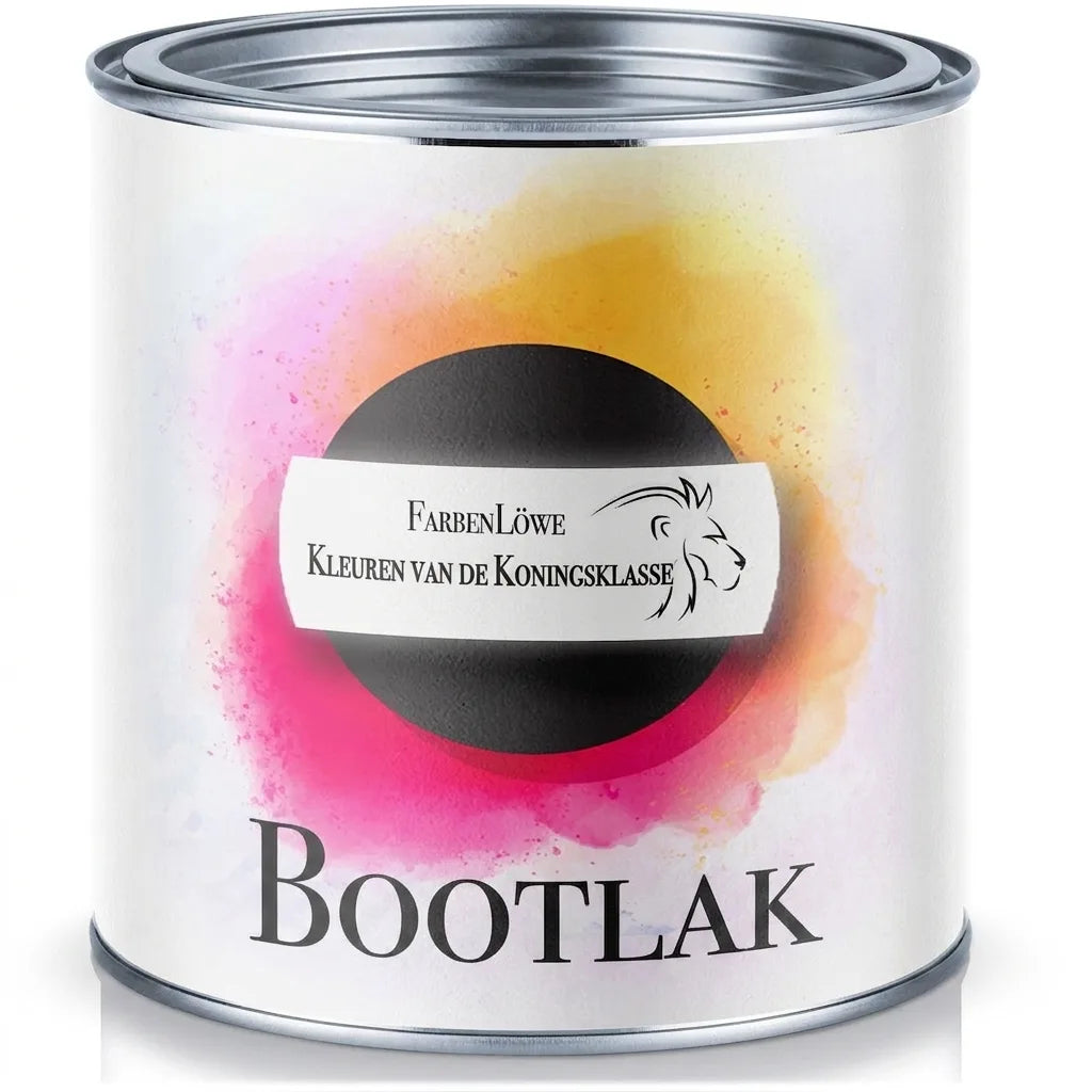 FarbenLöwe bootlak blik, koningsklasse verf. Zwart label met leeuw logo en kleurrijke verfspatten.