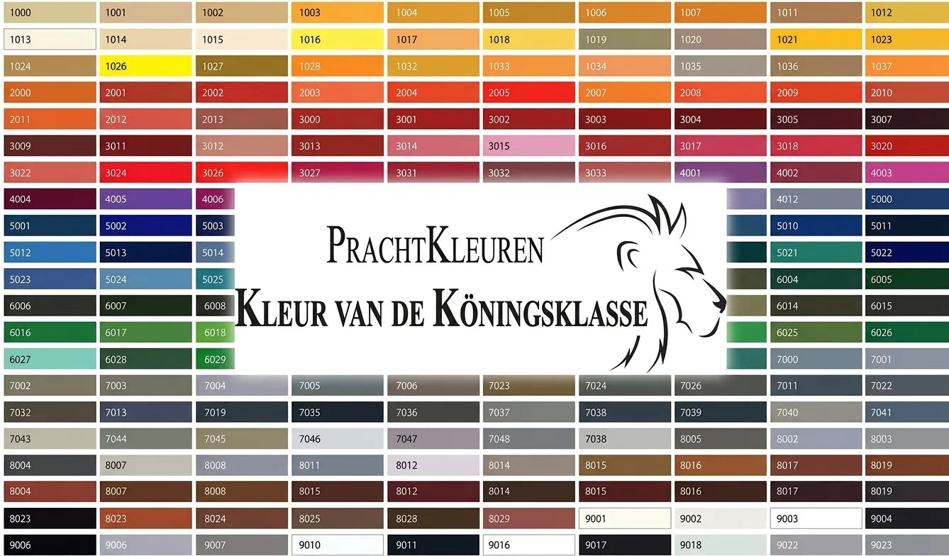 Kleurenkaart met RAL-codes, het FARBENLÖWE logo en de slogan FARBEN DER KÖNIGSKLASSE.