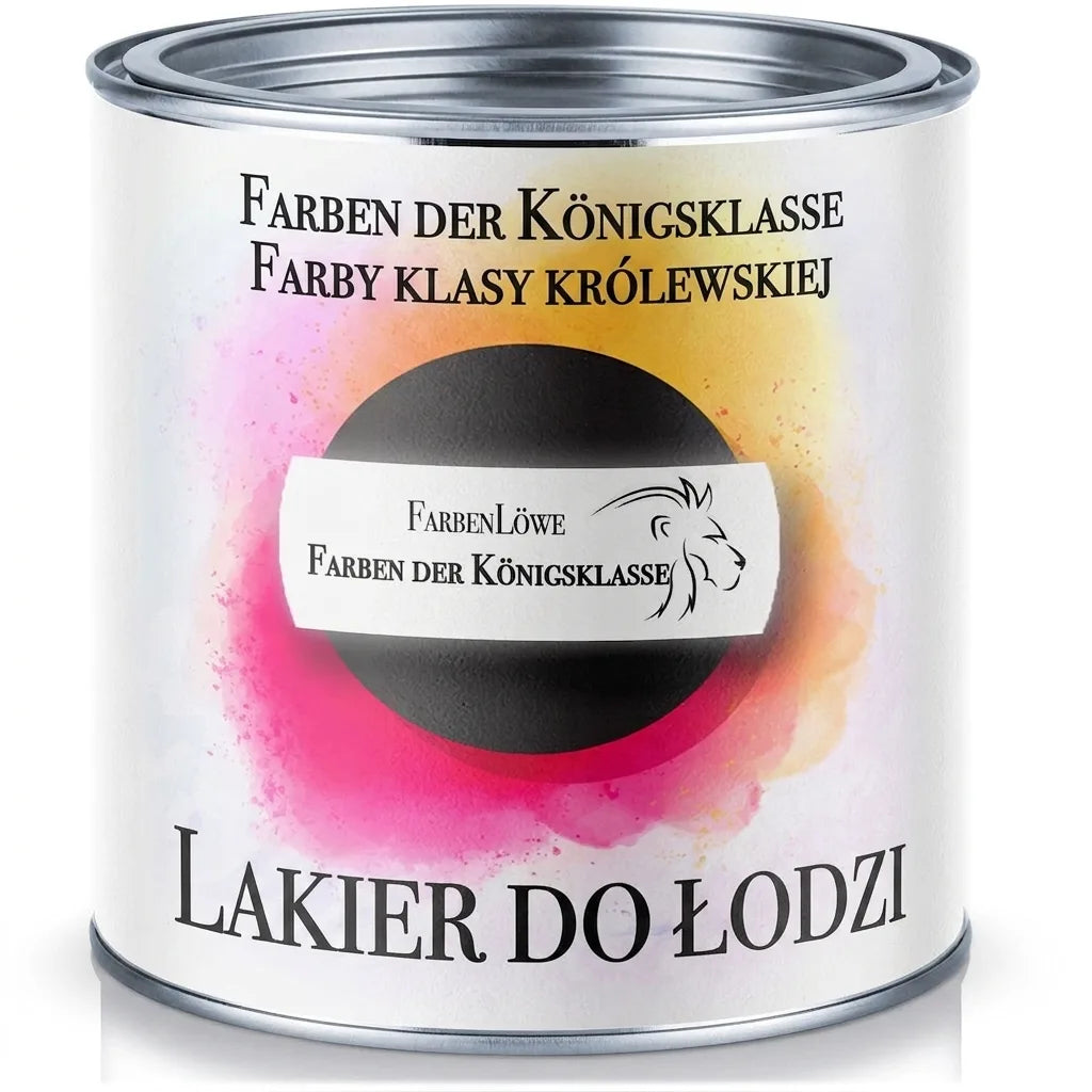 Biała puszka farby FarbenLöwe, lakier do łodzi klasy premium, z kolorowym wzorem i czarnym logo.