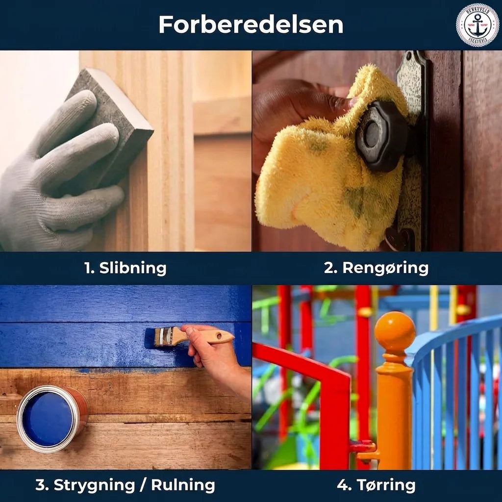 Trin-for-trin guide til maling: slibning, rengøring, maling og tørring af overflader.