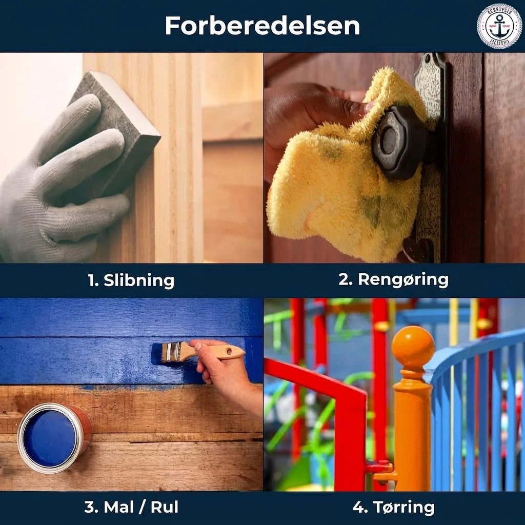 Trin-for-trin guide til maling: slibning, rengøring, maling og tørring af overflader.