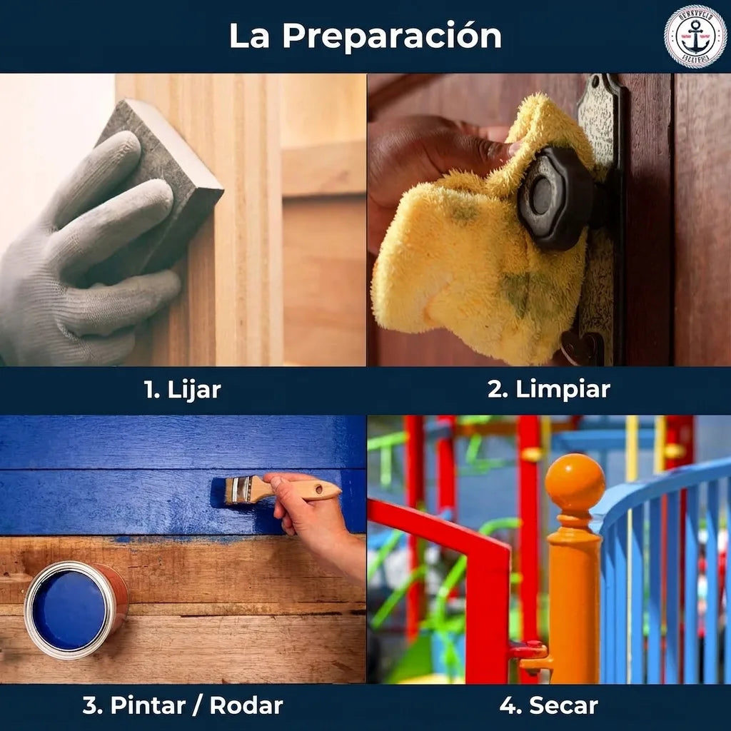 Guía visual de pasos para pintar: lijar, limpiar, aplicar pintura (brocha/rodillo) y secar.