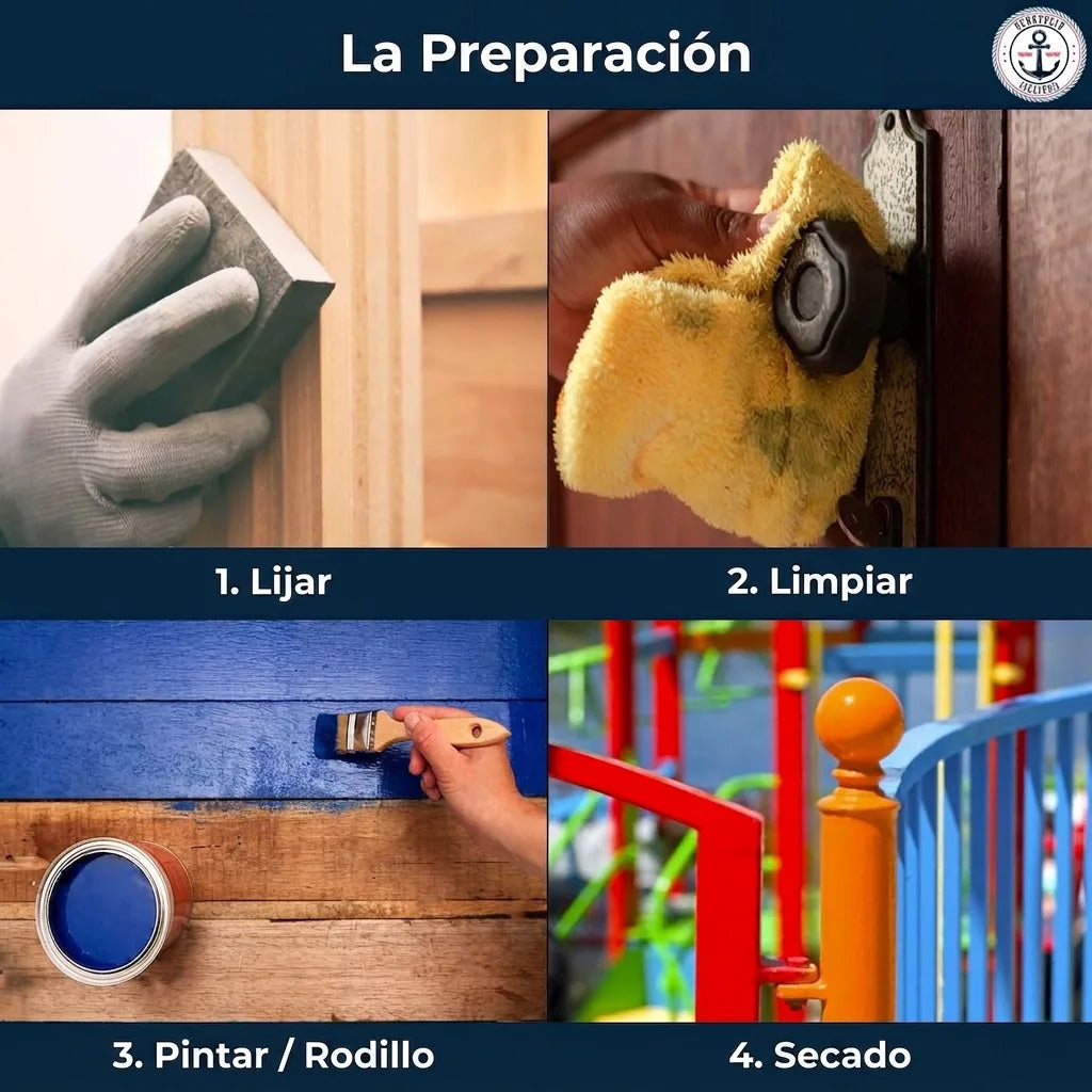 Guía visual de pasos para pintar: lijar, limpiar, aplicar pintura (brocha/rodillo) y secar.