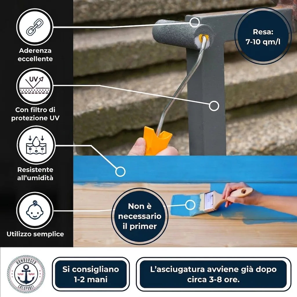 Caratteristiche vernice: alta adesione, protezione UV, resistente umidità, facile uso, no primer. Asciuga in 3-8 ore.