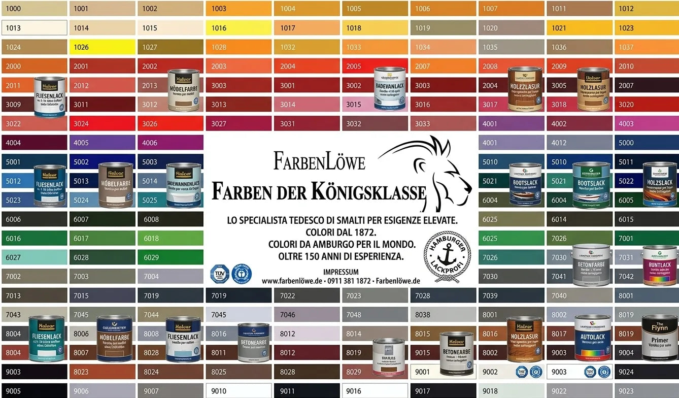 Tavola colori RAL FarbenLöwe con codici colore, logo del leone e slogan in tedesco.