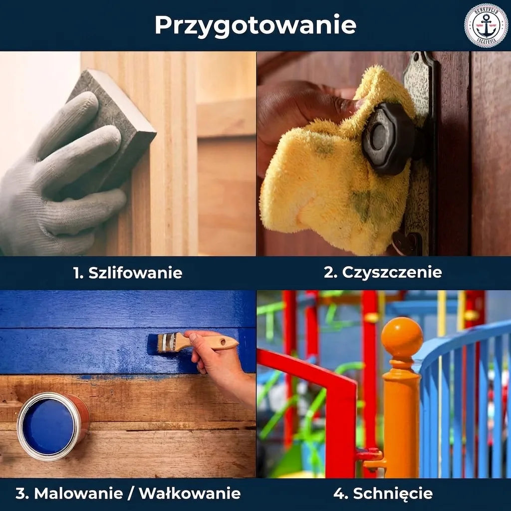 Instrukcja przygotowania powierzchni do malowania: szlifowanie, czyszczenie, malowanie, suszenie.