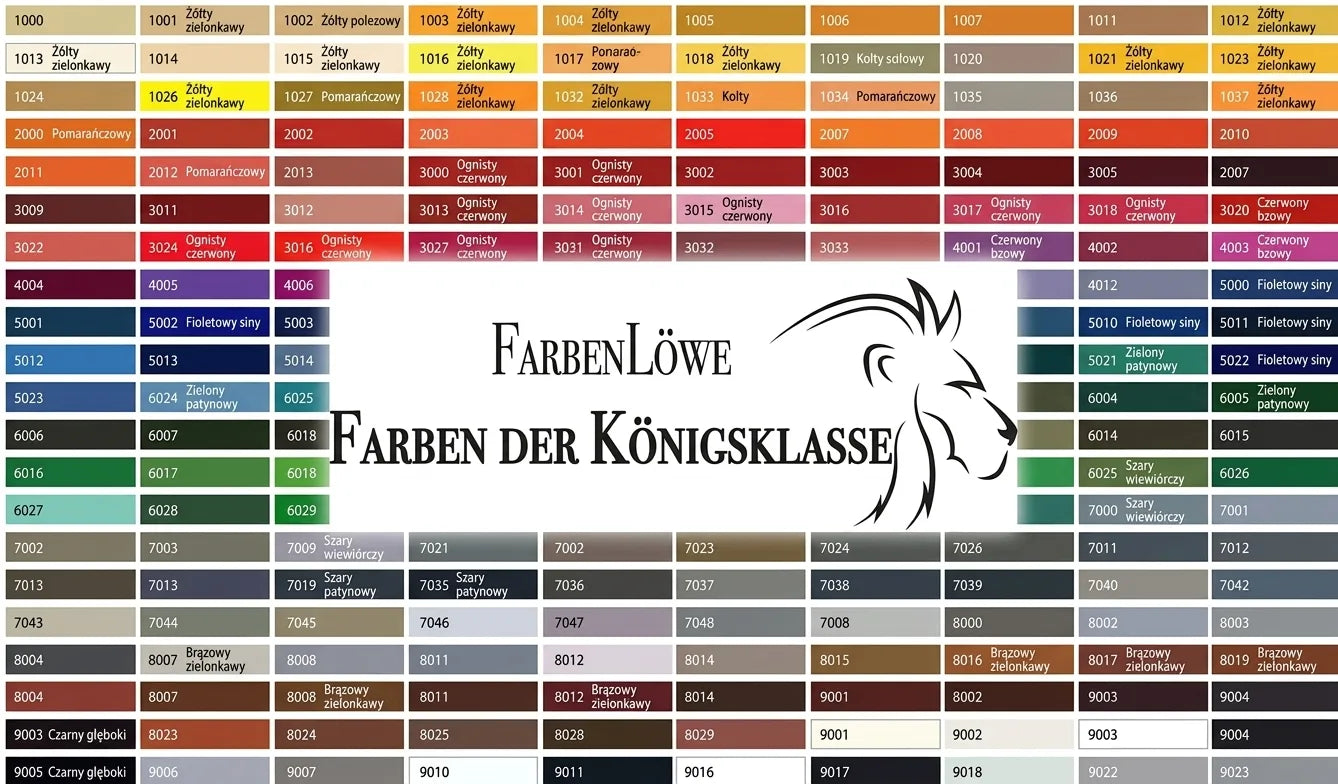 Wzornik kolorów RAL FarbenLöwe 'Farben der Königsklasse' z numerami kodów i odcieniami farb.