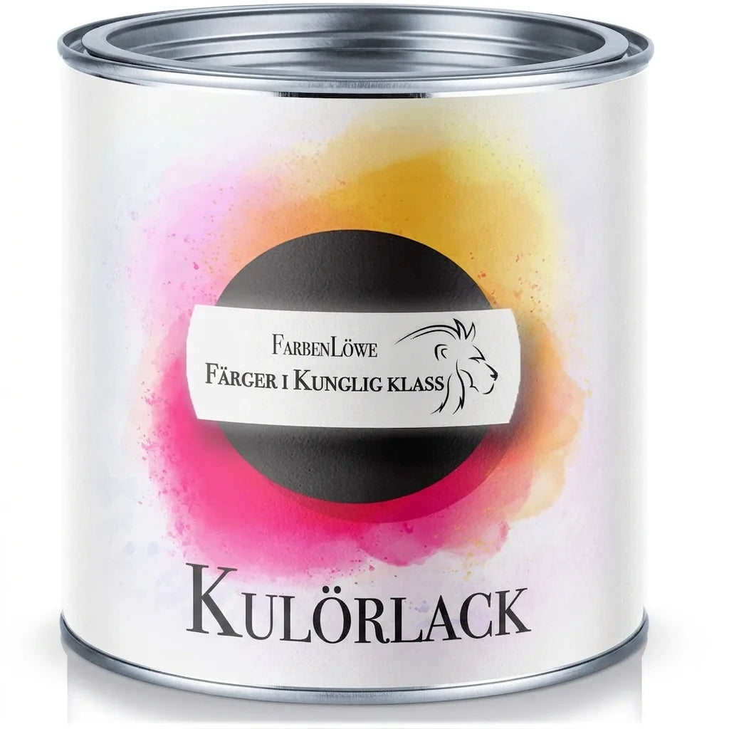 FarbenLöwe BUNTLACK premium färglack, burk med färgstänk i rosa och gult.