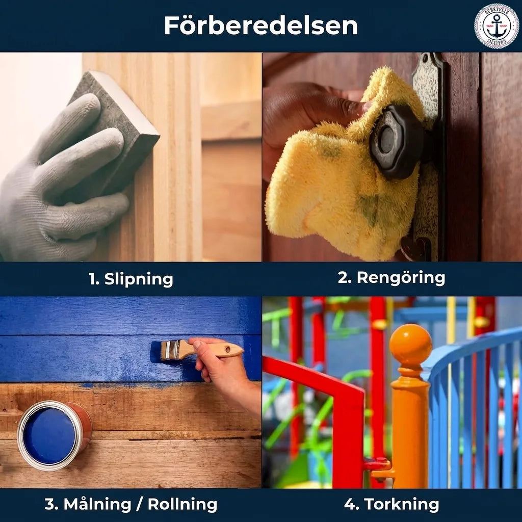 Steg-för-steg-guide för målningsförberedelse: slipa, rengör, måla/rolla och torka. Perfekt för DIY-projekt.