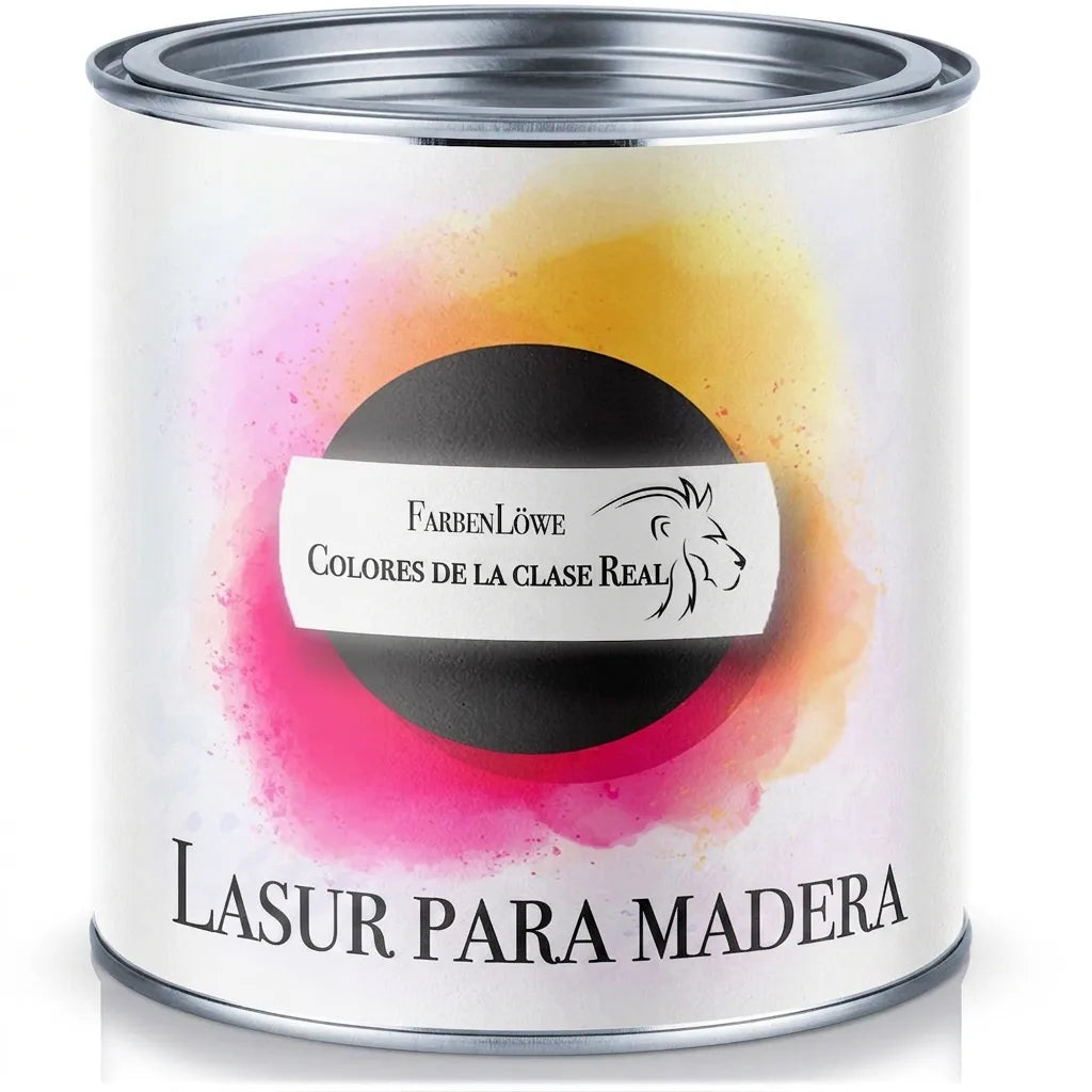 Lata de lasur para madera FarbenLöwe, colores premium, con diseño vibrante de salpicaduras.