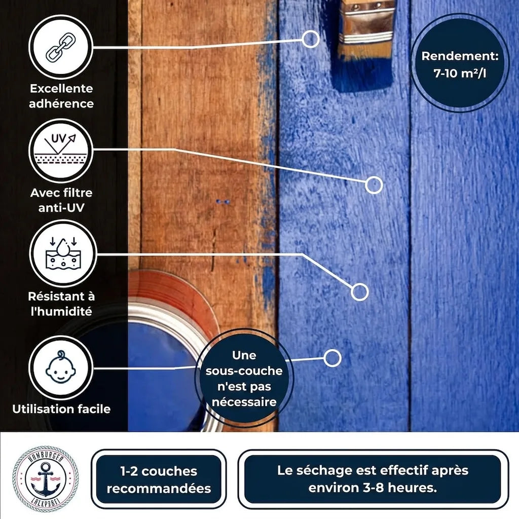 Peinture bleue pour bois avec infos produit: forte adhérence, protection UV, résiste à l'humidité, sans sous-couche, séchage 3-8h.