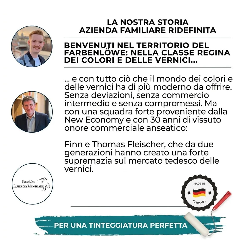 Pagina aziendale di FarbenLöwe, azienda familiare tedesca di vernici e lacche, con foto di Finn e Thomas Fleischer e slogan chiave.