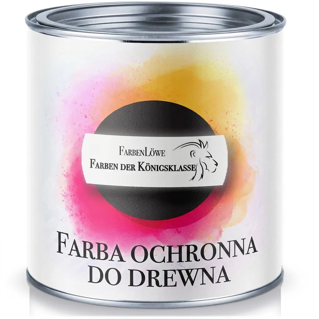 Puszka farby ochronnej do drewna FarbenLöwe 'Farben der Königsklasse' na białym tle.