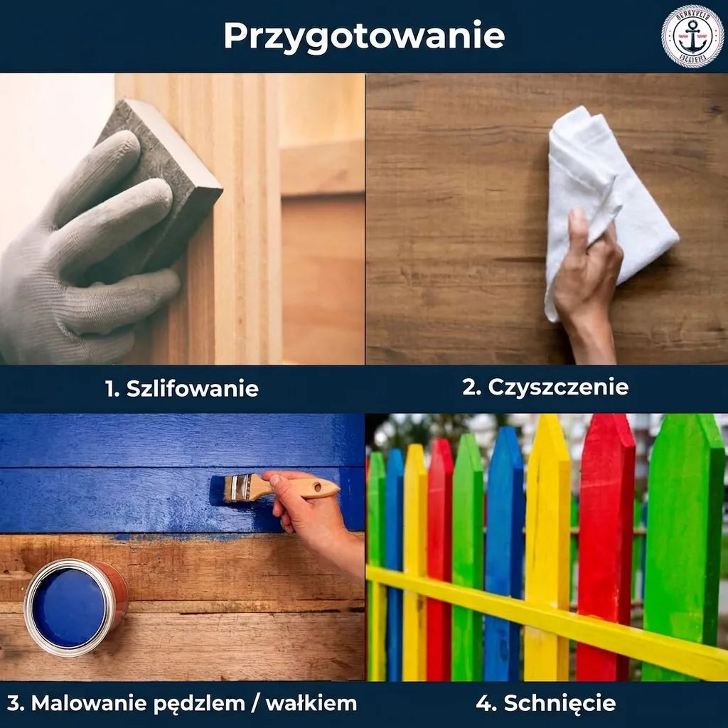 Cztery kroki malowania drewna: szlifowanie, czyszczenie, malowanie pędzlem na niebiesko, suszenie wielobarwnego płotu.