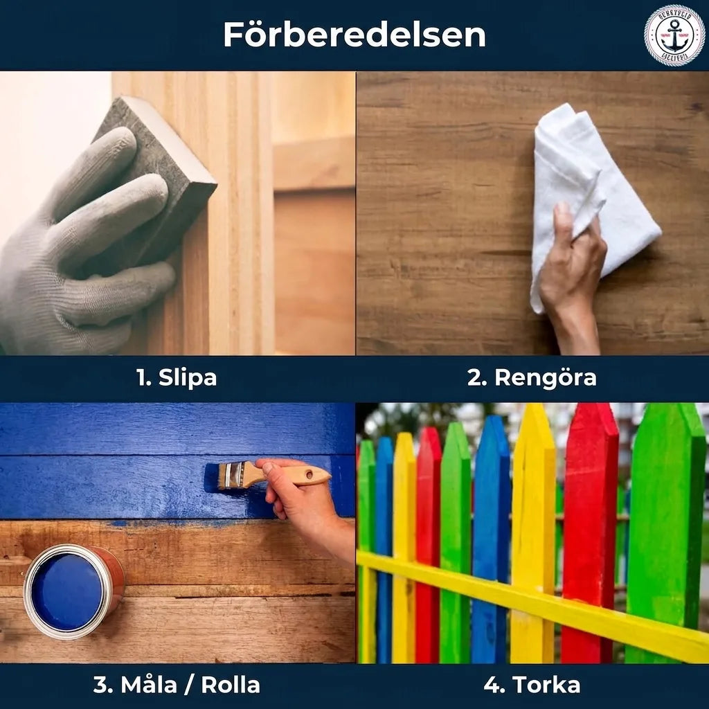 Instruktioner i fyra steg för att förbereda och måla trä: slipning, rengöring, målning och torkning.