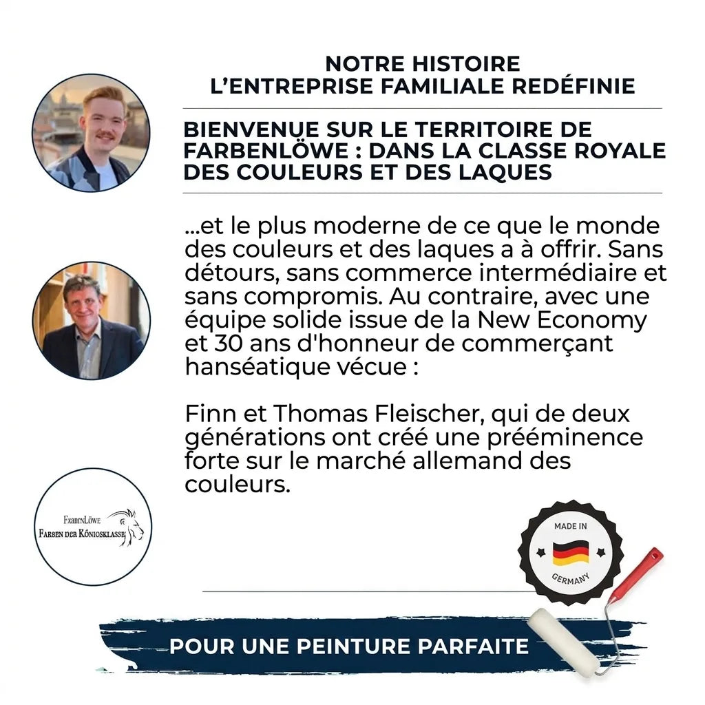 Présentation de Farbenlöwe, entreprise familiale allemande de peintures et laques haut de gamme.