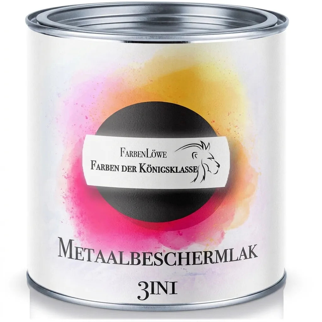 FarbenLöwe 3-in-1 metaalbeschermingslak in een verfblik. Hoogwaardige lak voor metaal van premium kwaliteit.