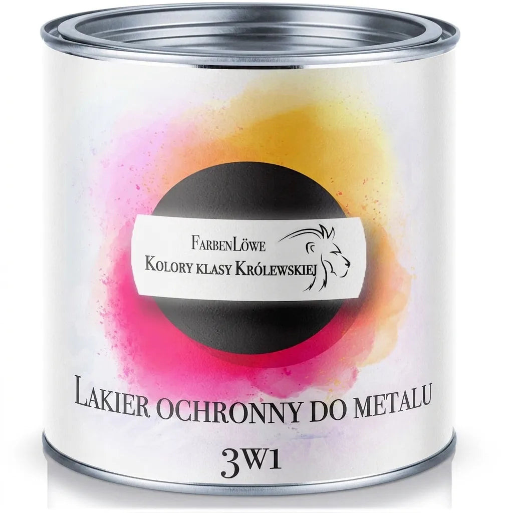Puszka farby FarbenLöwe, lakier ochronny do metalu 3w1. Z etykietą Farben der Königsklasse.