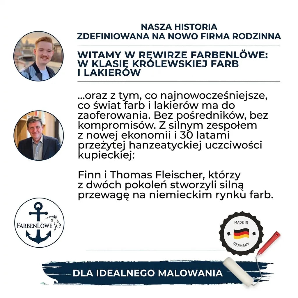 Prezentacja niemieckiej rodzinnej firmy Farbenlöwe: Finn i Thomas Fleischer, historia, farby Made in Germany.