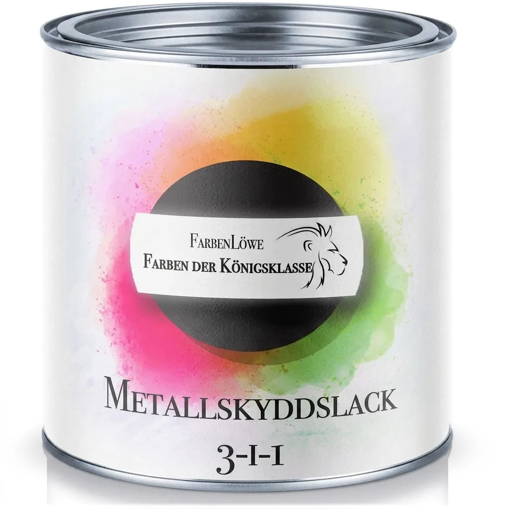 FarbenLöwe 3-i-1 metallskyddslack i en burk med en etikett som visar namnet och en lejonlogotyp.