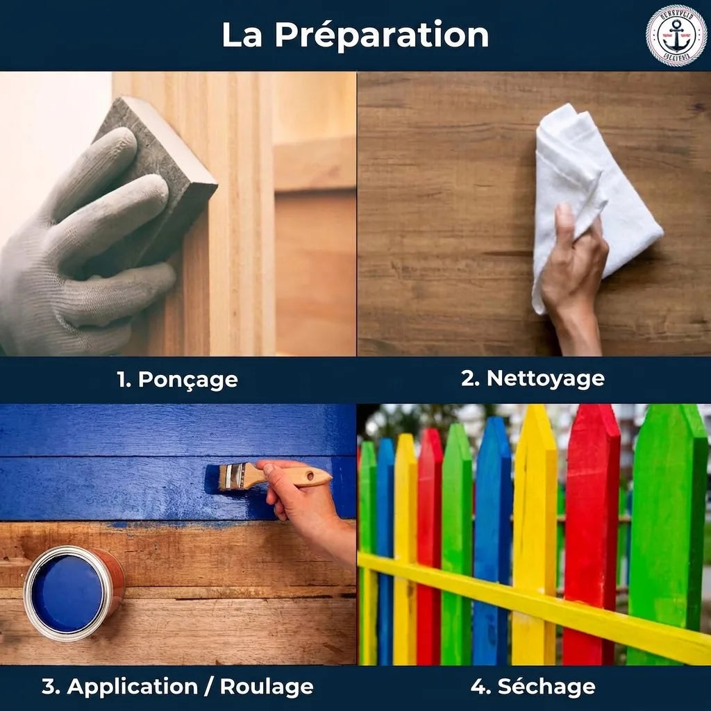 Instructions pour peindre le bois : poncer, nettoyer, appliquer la peinture bleue, et laisser sécher.