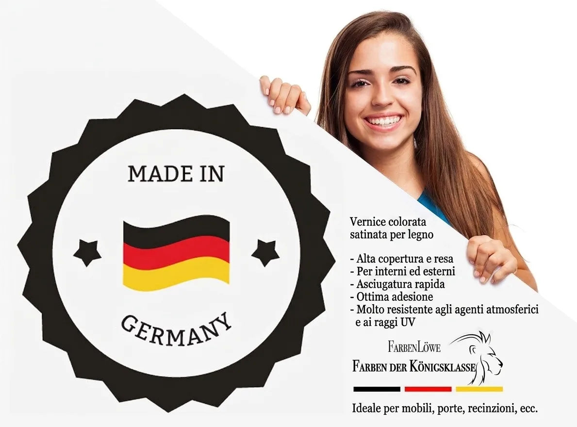 Donna sorridente con badge 'Made in Germany' e logo 'FarbenLöwe Farben der Königsklasse' su cartello bianco.