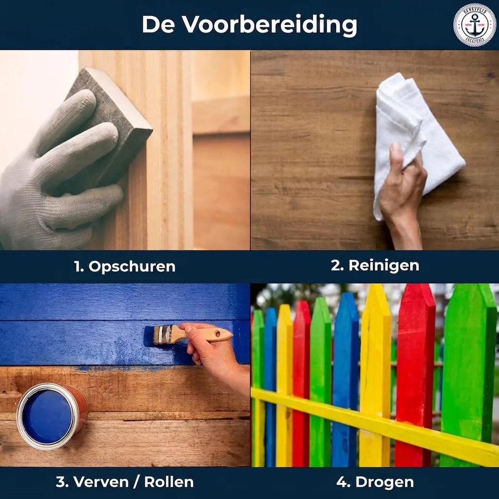 Vier stappen voorbereiding en schilderen van hout: schuren, reinigen, verven/rollen, drogen.