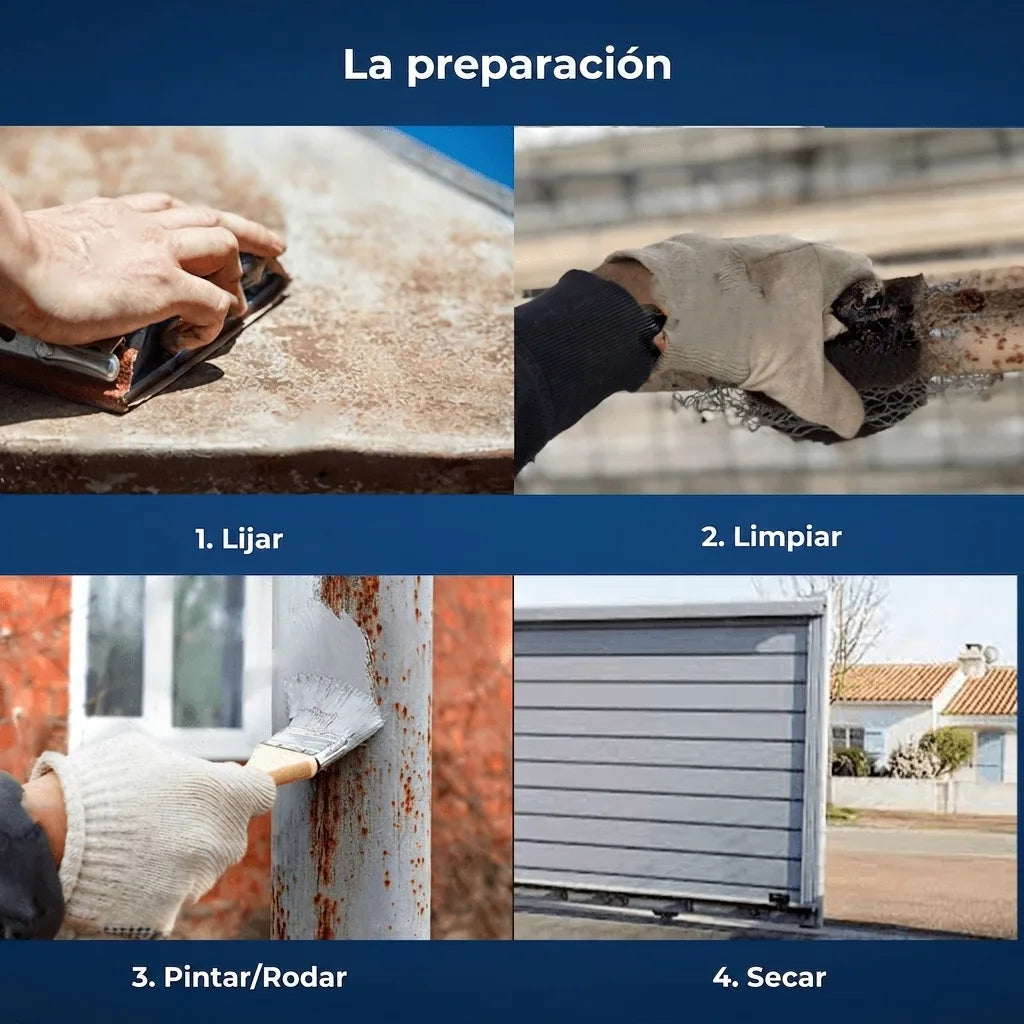 Pasos de preparación: lijado, limpieza, pintura y secado de superficies metálicas.