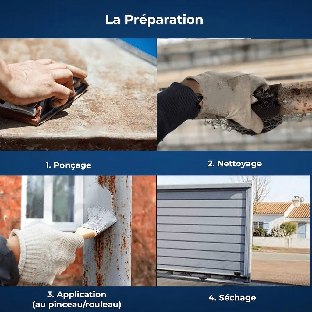 Étapes de préparation d'une surface : ponçage, nettoyage, application de peinture au pinceau/rouleau et séchage.