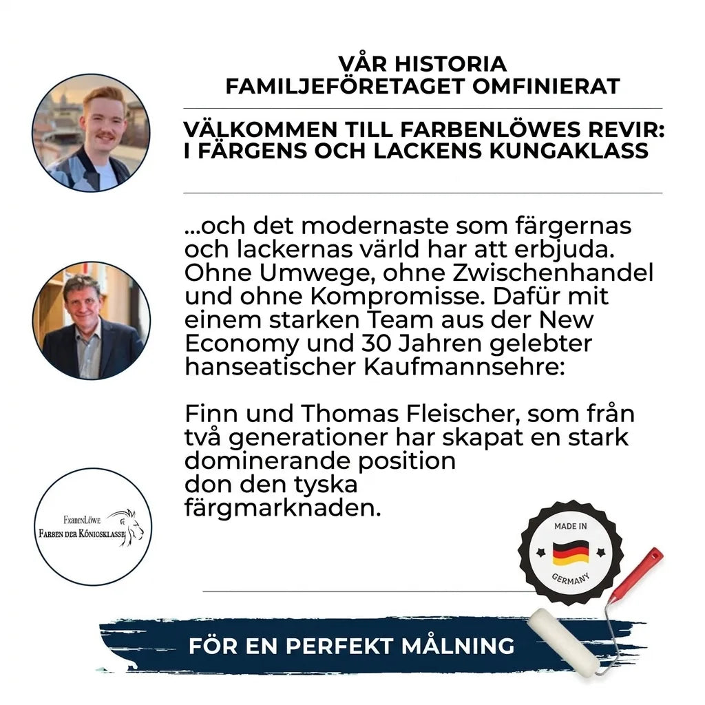 Marknadsföringsbild för tyska familjeföretaget Farbenlöwe med Finn och Thomas Fleischer. Fokus på högkvalitativ färg, direktförsäljning och 