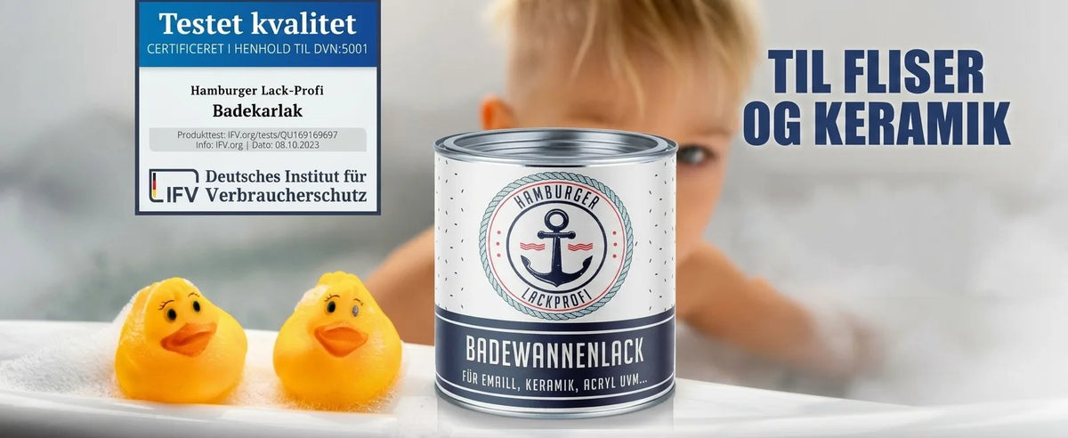 Barn i badekar med badeand og dåse med Hamburger Lack-Profi badekarsemalje til fliser og keramik. Certificeret kvalitet.