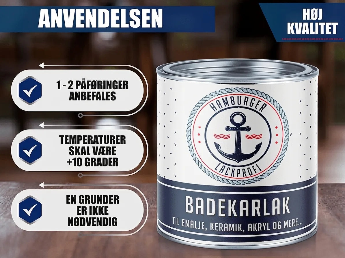 Badevandsmaling fra Hamburger Lackprofi. Brugsvejledning: 1-2 lag, over +10°C, ingen grunder. Høj kvalitet.