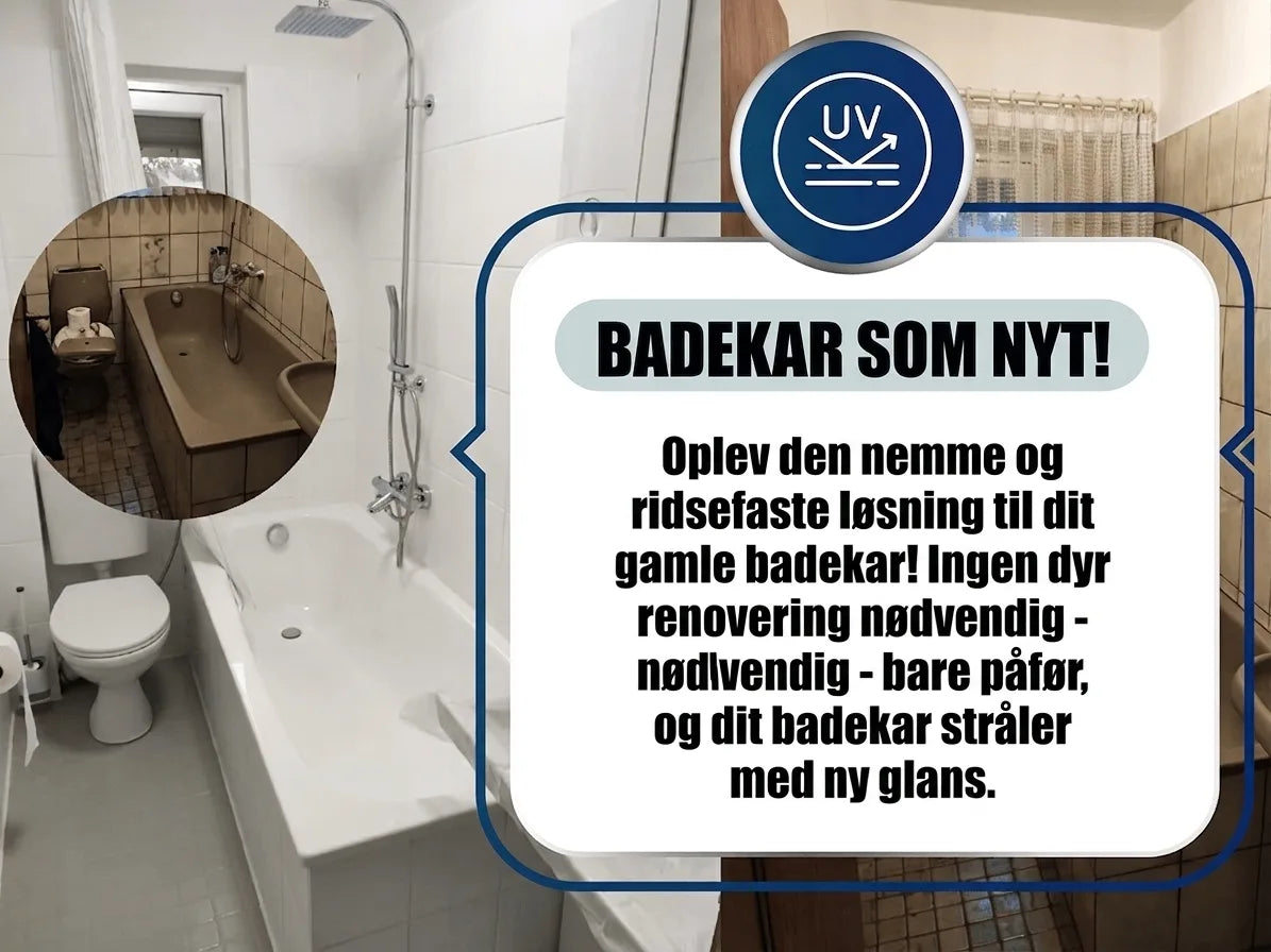 Badekarrenovering: Før-billede af brunt badekar og efter-billede af hvidt badekar. Tekst fremhæver nem fornyelse.