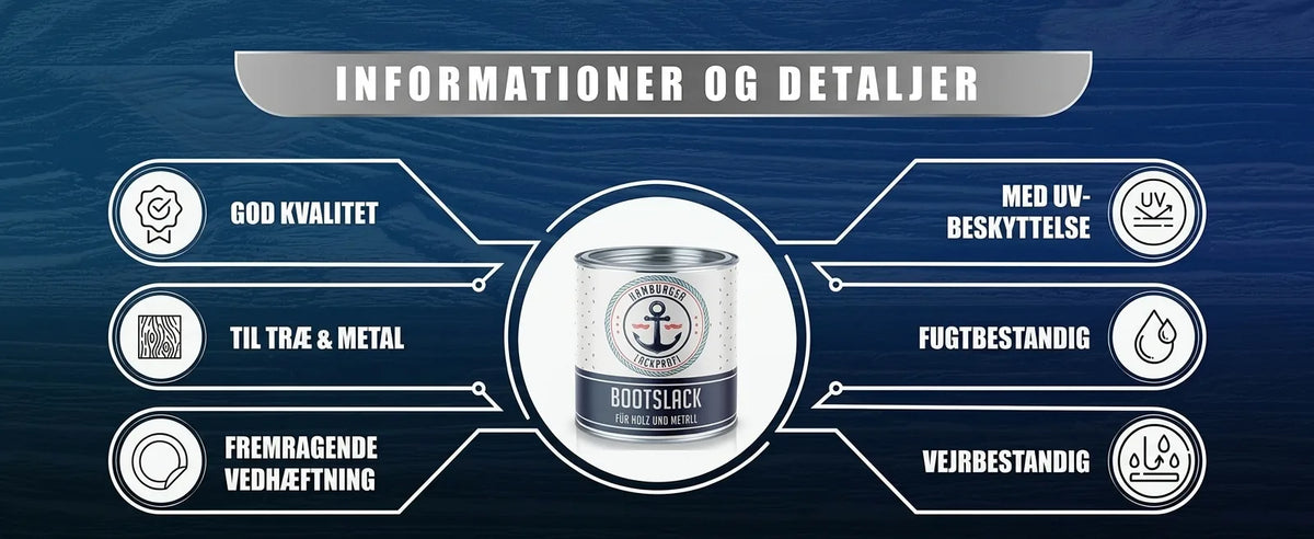 Produktinformation om bådmaling med funktioner som god kvalitet, UV-beskyttelse, fugt- og vejrbestandighed til træ og metal.