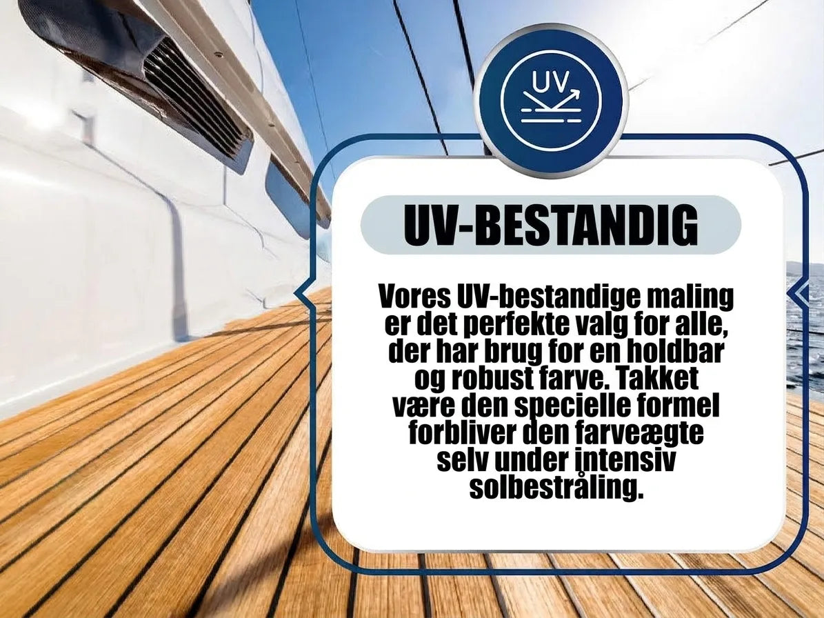 UV-bestandig lak på et båddæk. Tekst beskriver holdbar og farveægte maling til intens sol.