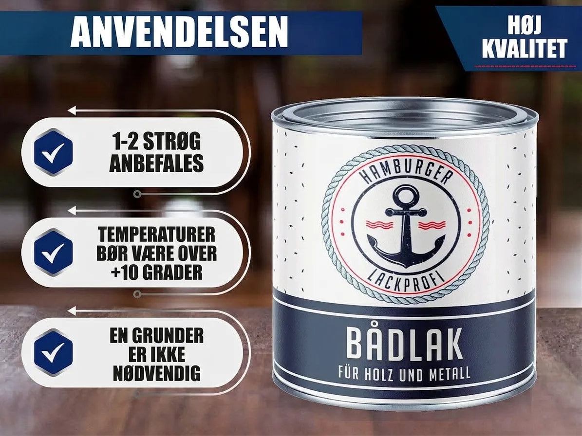 Dåse med Hamburger Lackprofi bådmaling til træ og metal. Høj kvalitet, 1-2 strøg ved +10°C, ingen grunding nødvendig.