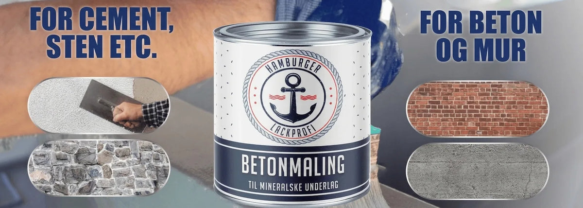 Dåse med Hamburger Lackprofi betonmaling. Teksten angiver den er til cement, sten, beton og murværk.
