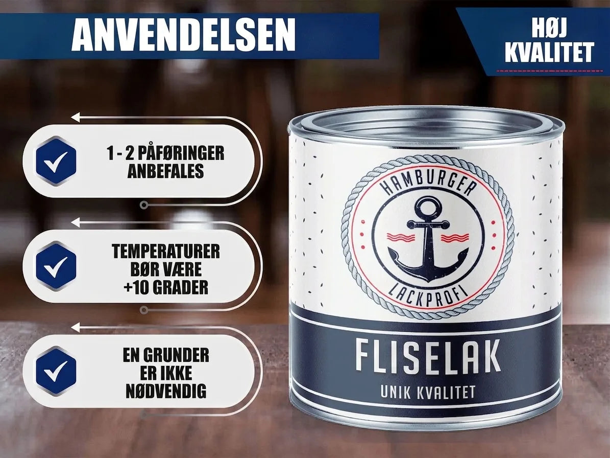 Fliselak fra Hamburger Lackprofi med brugsanvisning: 1-2 lag, +10°C, ingen grunder. Høj, unik kvalitet.
