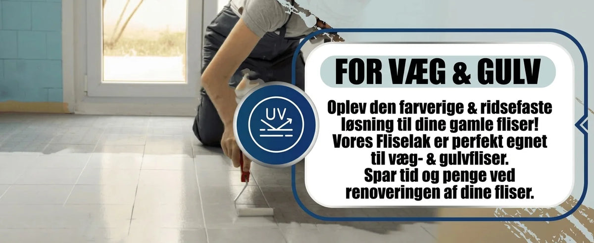 Person maler fliser på gulvet. Tekst om ridsefast UV-maling til væg- & gulvfliser, der sparer tid og penge ved renovering.
